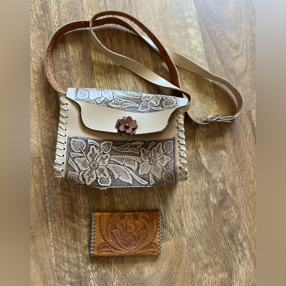 Bundle of Vintage Tooled Leather Crossbody Bag + Coin Purse Floral Design Boho